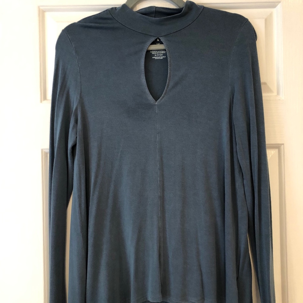 High neck blue long sleeve top